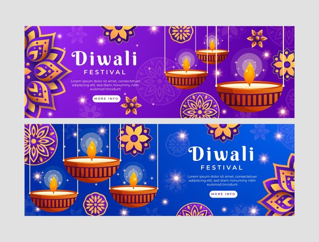 Gradient horizontal banners set for diwali celebration