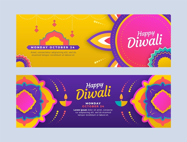 Gradient horizontal banners set for diwali festival