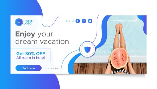 Gradient hotel banner template with photo