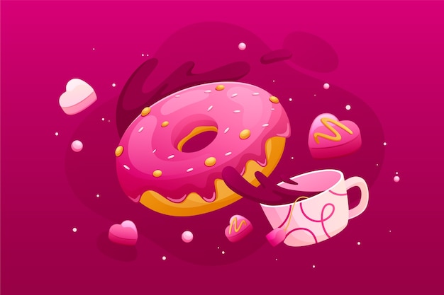 Free Vector gradient hyper pink coffee and doughnut illustration