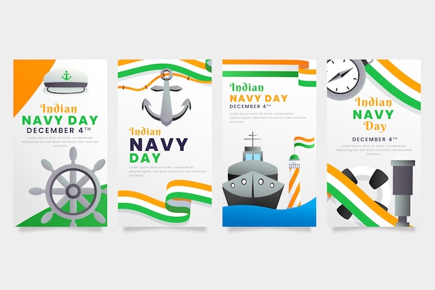 Free vector gradient indian navy day instagram stories collection