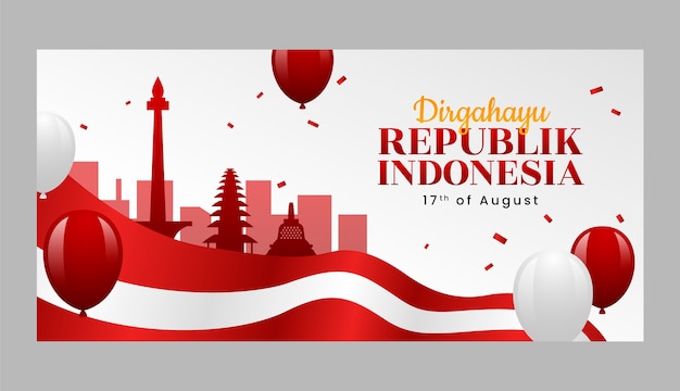 Free vector gradient indonesia independence day horizontal banner template with balloons and flag