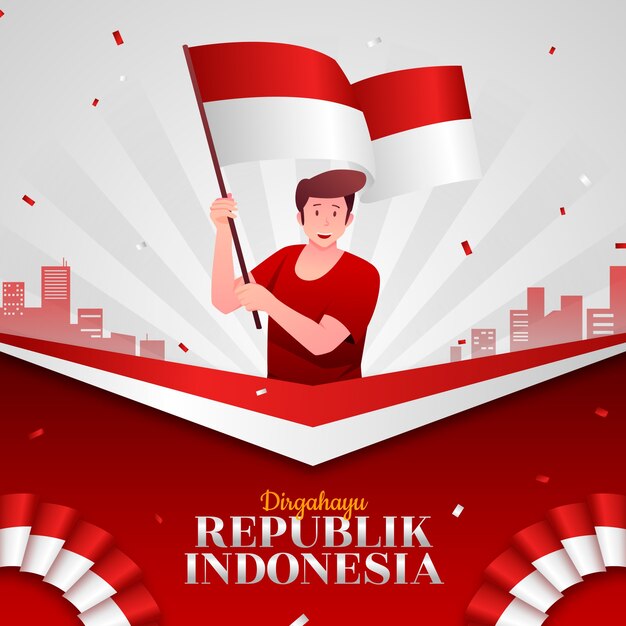 Gradient indonesia independence day illustration with person holding flag