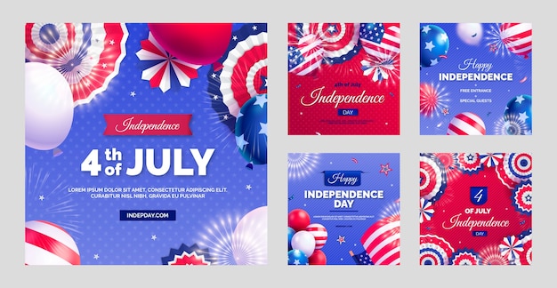 Free vector gradient instagram posts collection for american 4th of july celebration