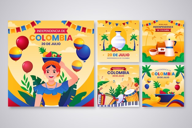 Free Vector gradient instagram posts collection for colombian independence day celebration