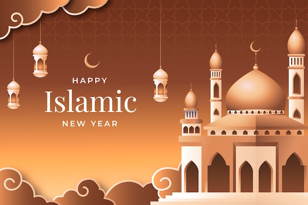 Gradient islamic new year background with crescent moon and buildings