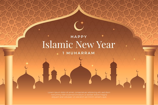 Gradient islamic new year background with crescent moon and buildings