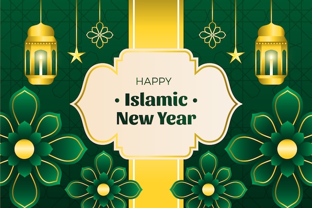 Gradient islamic new year background with lanterns and flowers