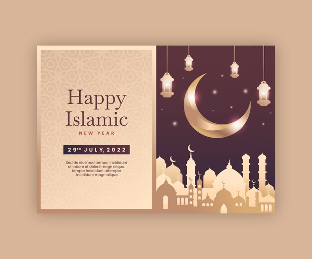 Gradient islamic new year greeting card template with crescent moon and lanterns