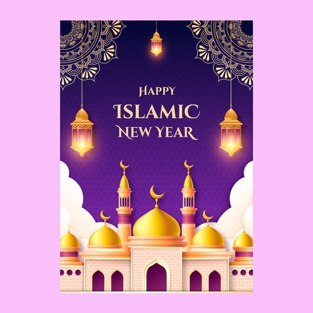 Gradient islamic new year greeting card template with palace and lanterns