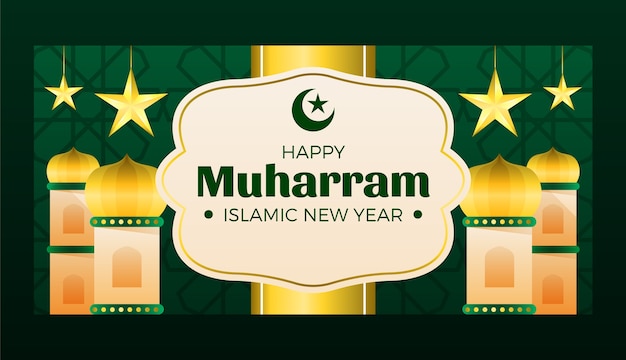 Free Vector gradient islamic new year horizontal banner template with stars and palace