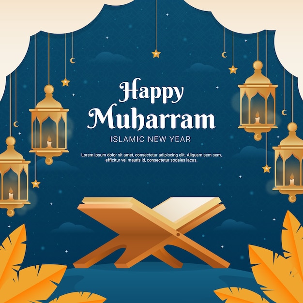 Gradient islamic new year illustration with book stand and lanterns