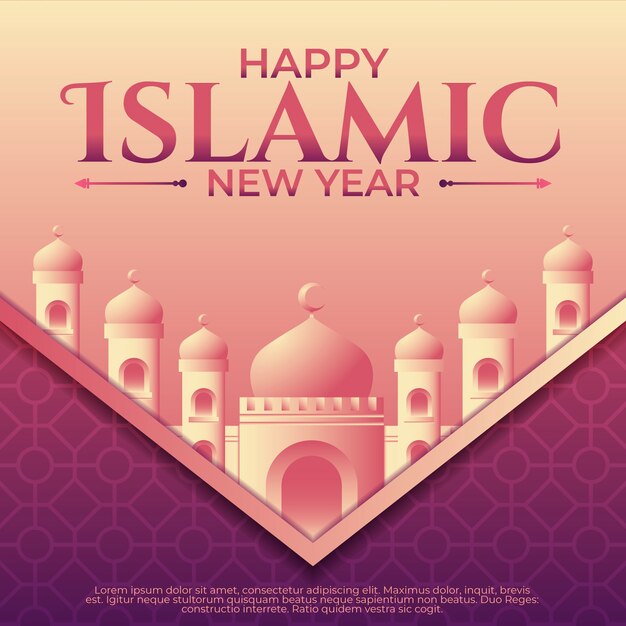 Gradient islamic new year illustration with greeting and palace