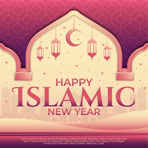 Gradient islamic new year illustration with lanterns and crescent moon