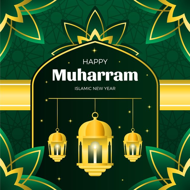 Gradient islamic new year illustration with lanterns and mandala