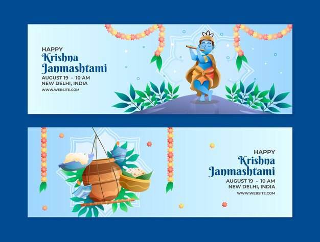 Gradient janmashtami horizontal banners set