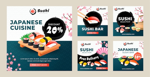 Free Vector gradient japanese restaurant instagram posts collection