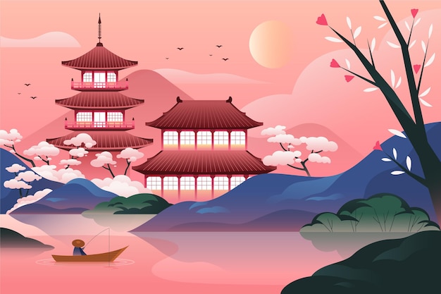 Free vector gradient japanese temple with lake