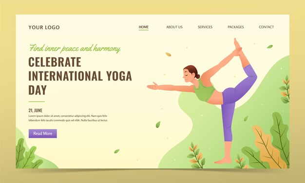 Gradient landing page template for international yoga day celebration