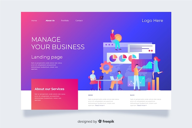 Gradient landing page with characters analyzing charts