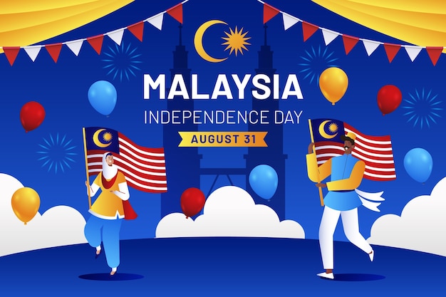 Gradient malaysia independence day illustration with people holding flags and balloons