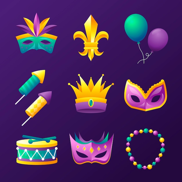 Gradient mardi gras celebration elements collection