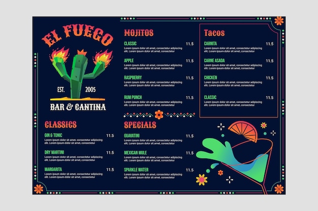 Gradient mexican bar menu template