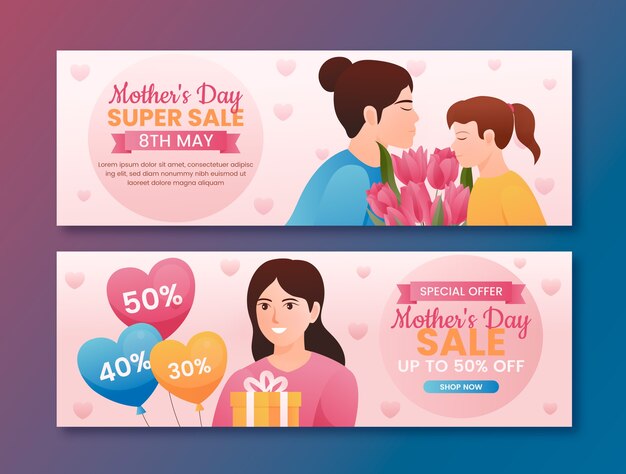 Gradient mothers day sale horizontal banners pack