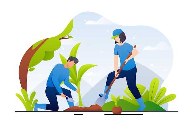 Gradient people planting tree illustration