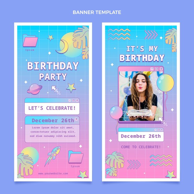 Gradient retro vaporwave birthday banners vertical