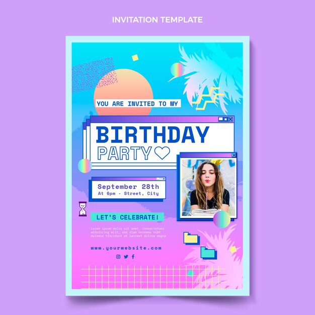 Gradient retro vaporwave birthday invitation template