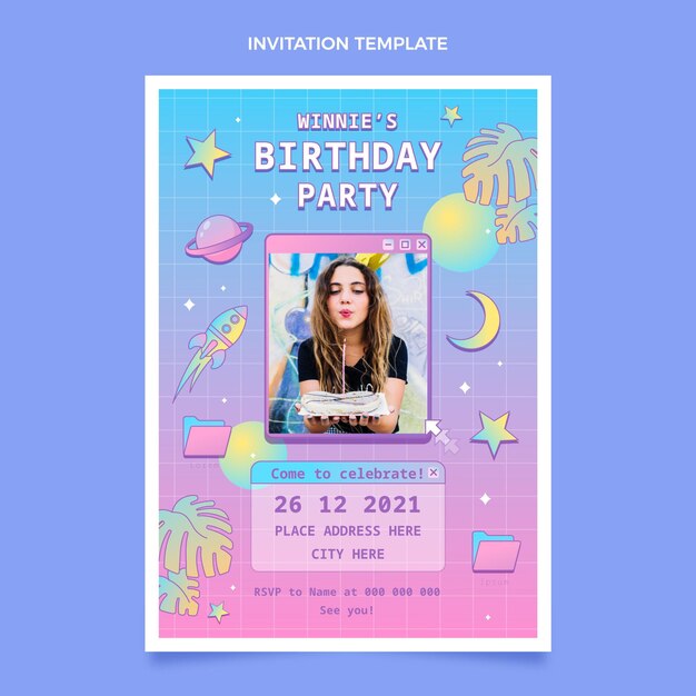 Gradient retro vaporwave birthday invitation