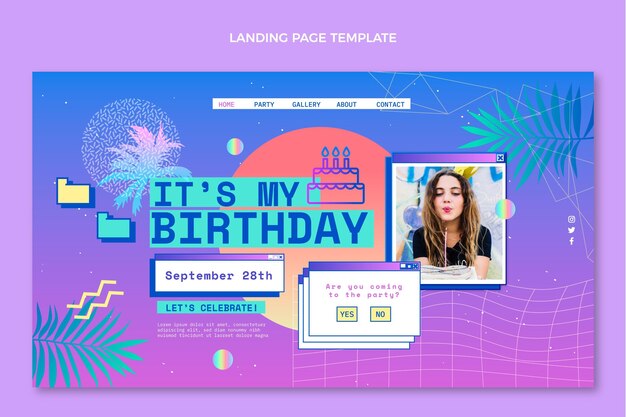 Gradient retro vaporwave birthday landing page template