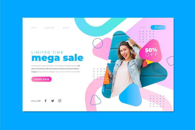 Gradient sale landing page template with photo