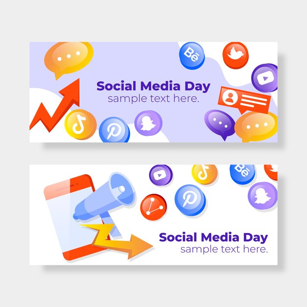 Gradient social media day horizontal banners collection