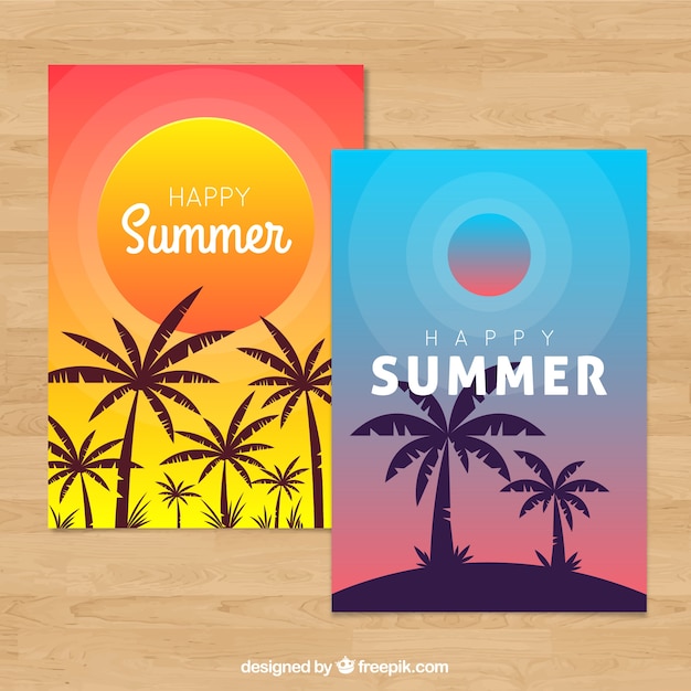 Free vector gradient summer cards with silhouette palms