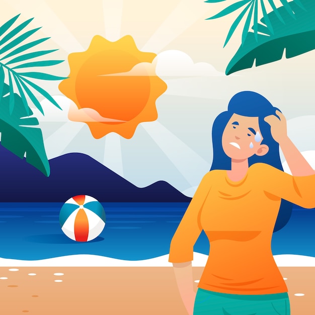 Free Vector gradient summer heat illustration with woman sweating at the beach