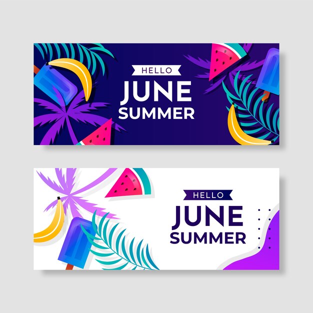 Gradient summer hello june horizontal banners set