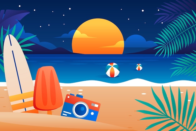 Free Vector gradient summer night illustration with beach and camera