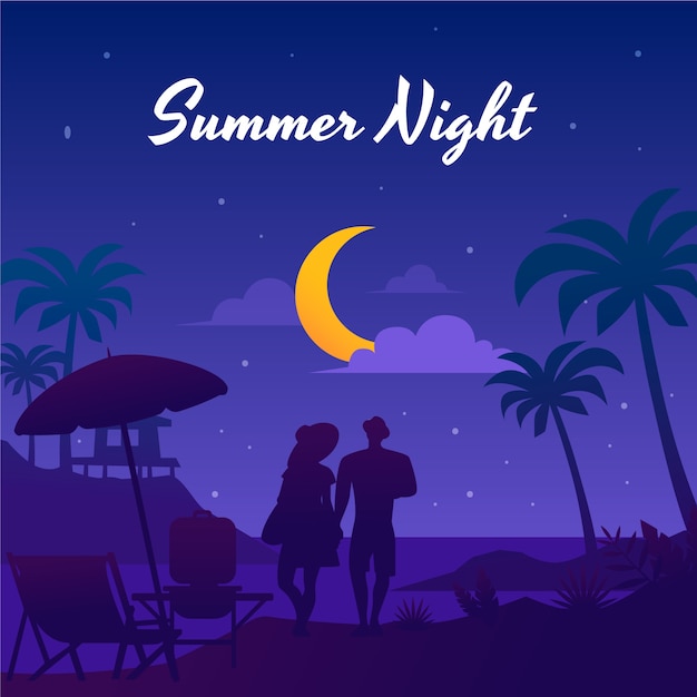 Free Vector gradient summer night illustration with people on beach