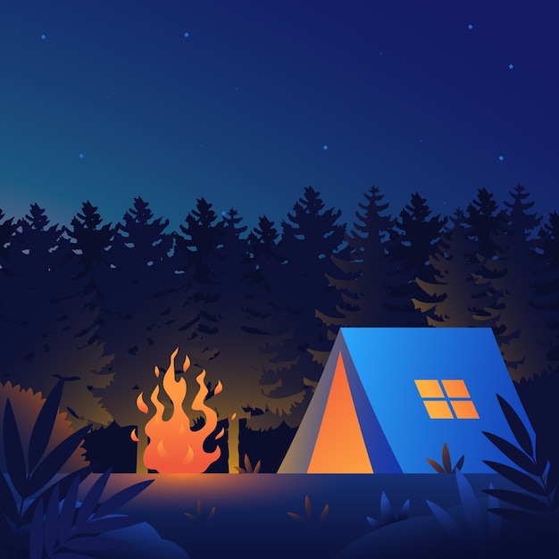 Free Vector gradient summer night illustration with tent and campfire