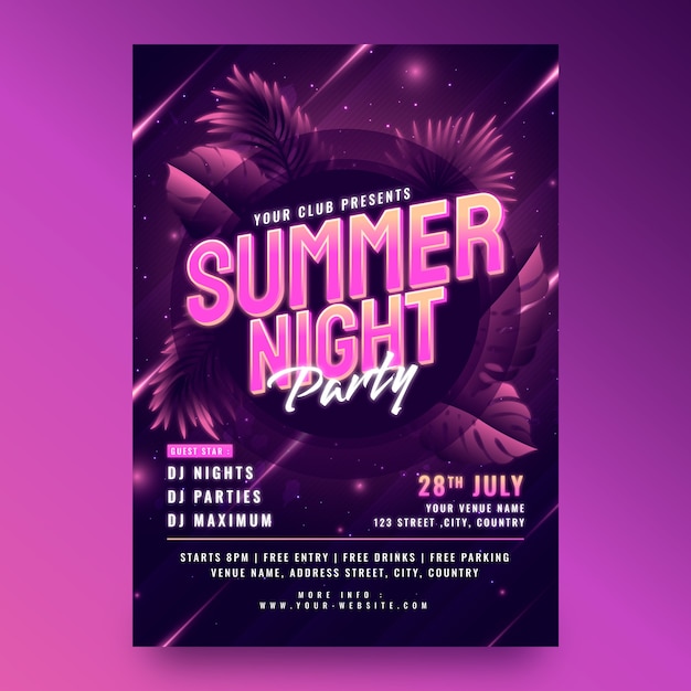 Gradient summer night party poster template with leaves