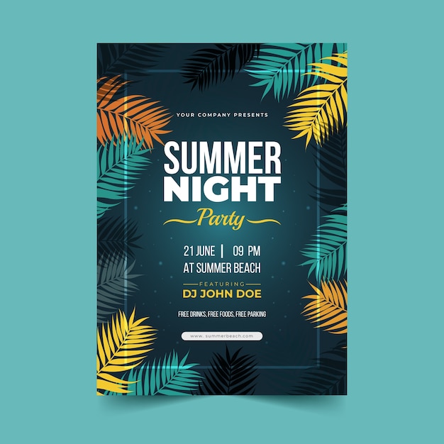 Gradient summer night party poster template with leaves