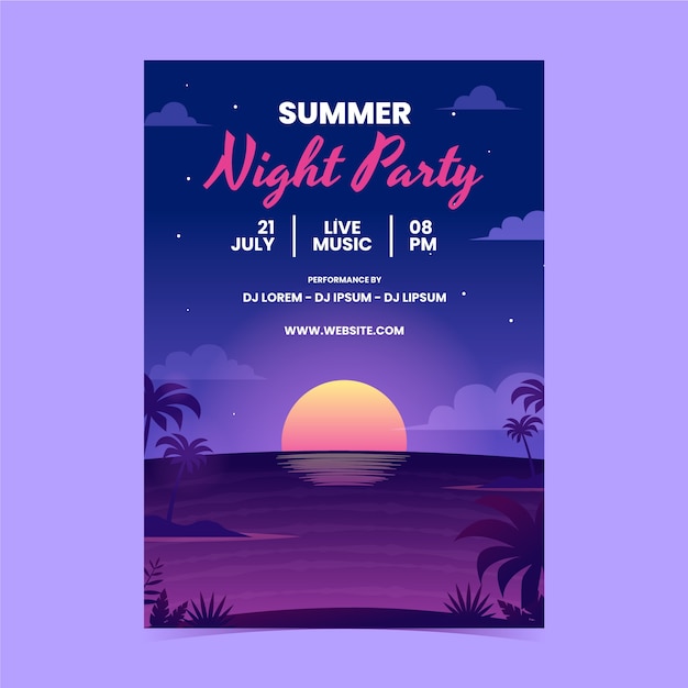 Gradient summer night party poster template with sunset