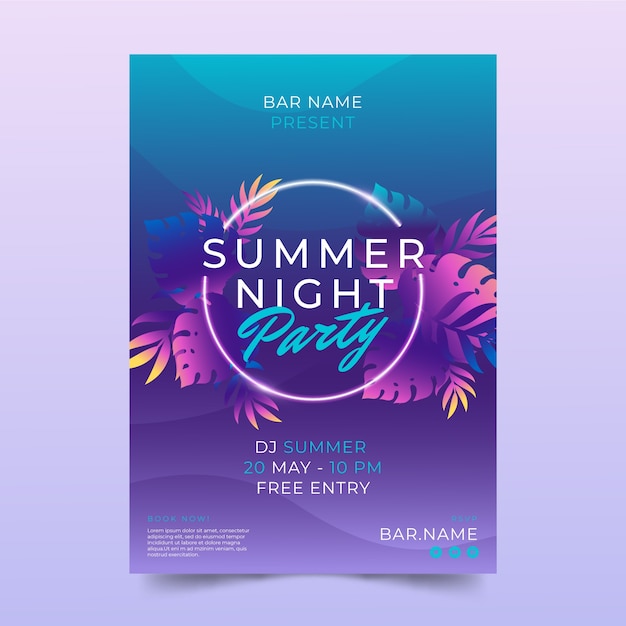 Free Vector gradient summer night party poster template with vegetation