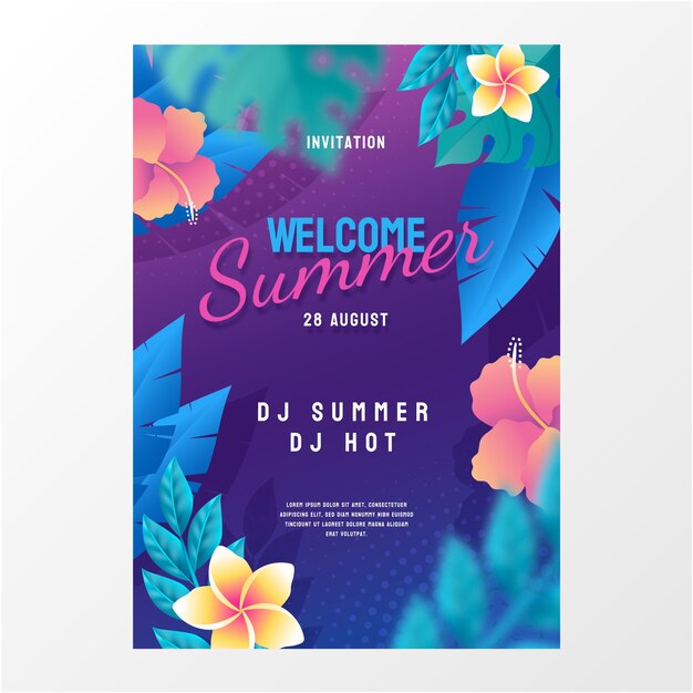 Gradient summer party invitation template with flowers and leaves