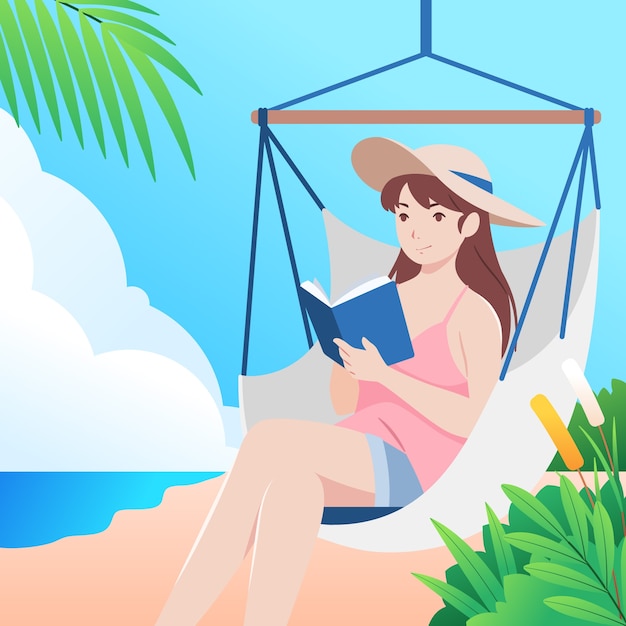 Gradient summer reading books illustration with woman in hammock