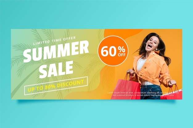 Gradient summer sale banner template with photo