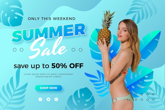 Gradient summer sale banner template with photo