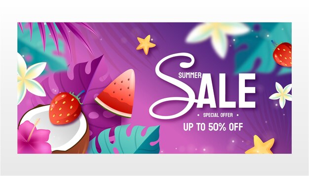 Gradient summer sale horizontal banner template with flowers and leaves